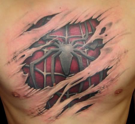 Spider Man Tattoo Picture of a huge chest tattoo that looks like Spider-Mans