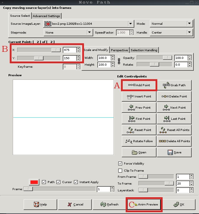 Next in the above image, click on the Add Point button (A). When you start the Move Path window, GAP automatically starts you at the first point.