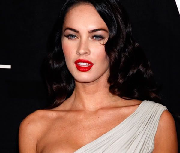  red lipstick. Megan Fox classic in a one-shoulder dress at Armani Prive