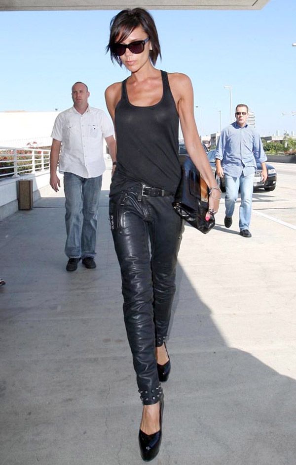 Victoria Beckham in leather Dsquared2 pants