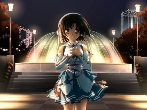 beautiful pretty lovely blueuniform brown anime girl
infront of fountain